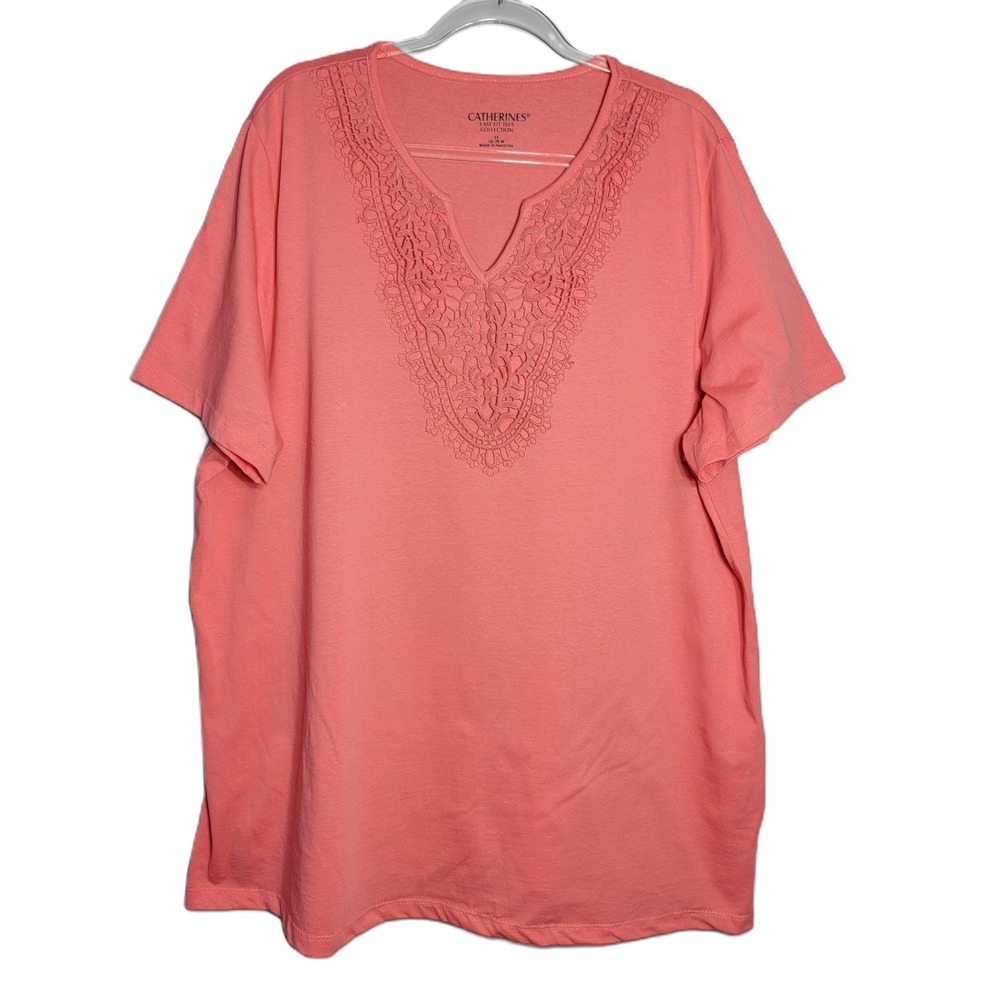 Catherines Plus Size 1X Coral Lace V Neck Short Sleeve Easy Fit Tee Top